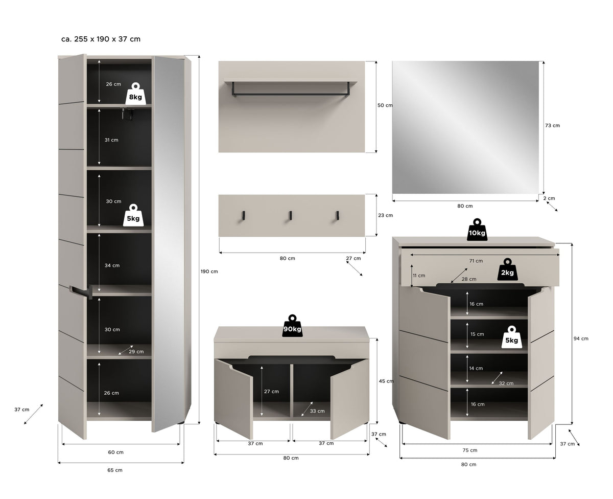 Garderoben-Set mit Maßangaben in Hellgrau: Schrank, Schuhbank, Hakenleiste und Wandspiegel