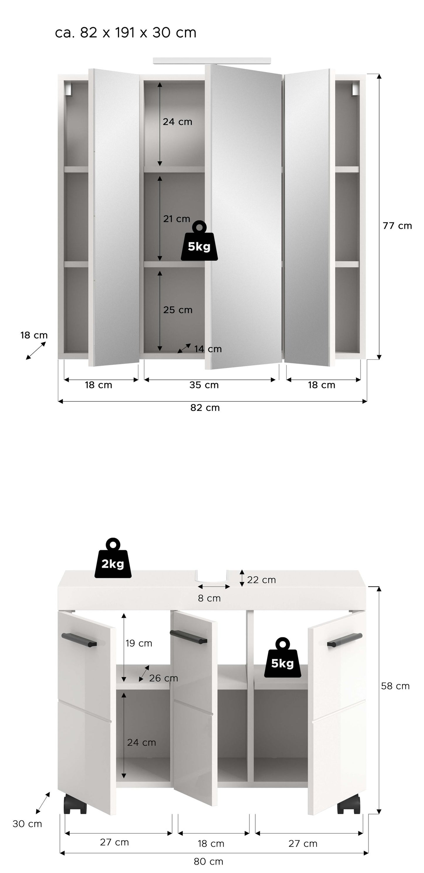 Ensemble de salle de bain avec éclairage NOVA (L/H/P : env. 82/191/30 cm) en blanc/blanc brillant