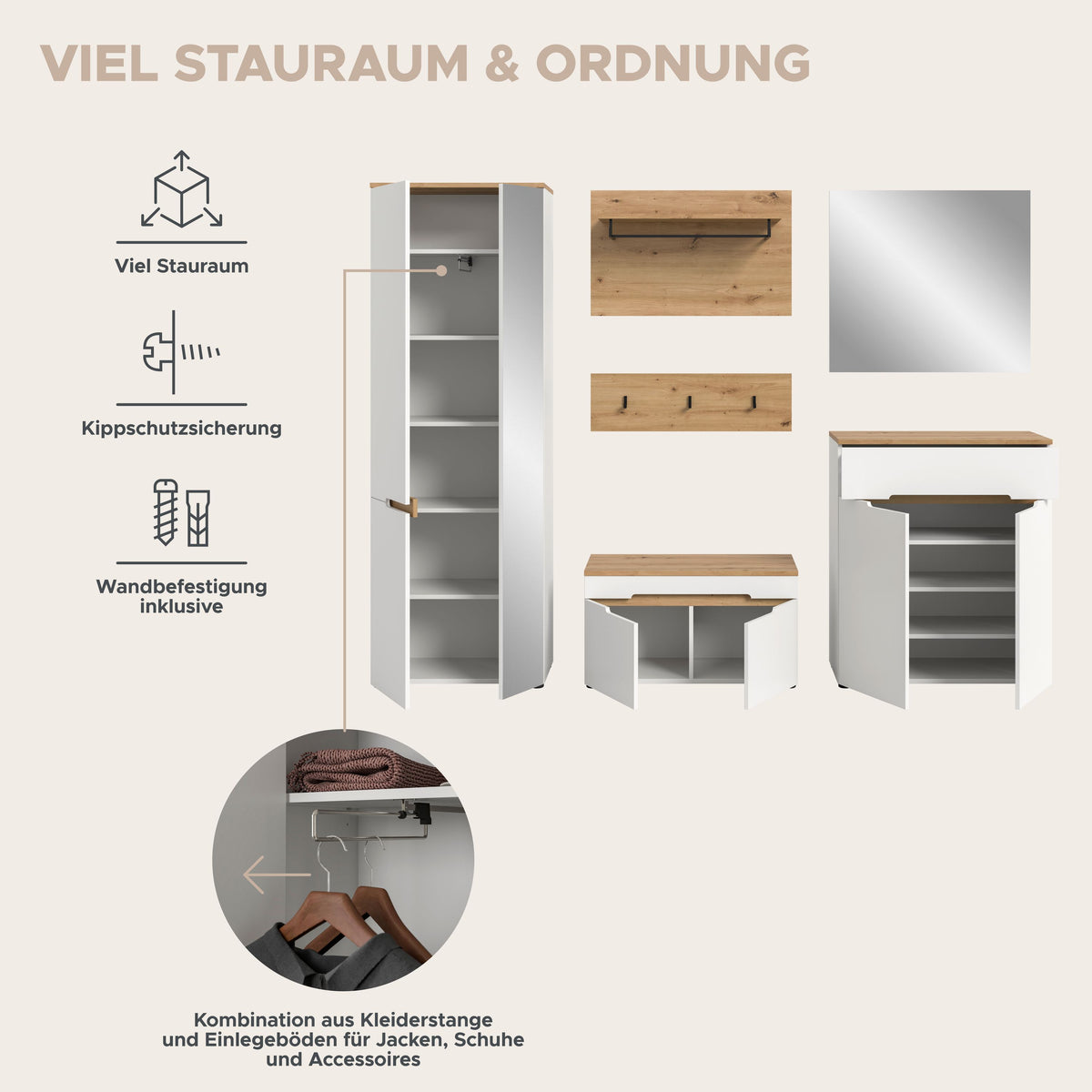 Garderoben-Set für Ordnung: Innenfächer, Klapp- und Sicherheitsdetails sowie Kombinationen