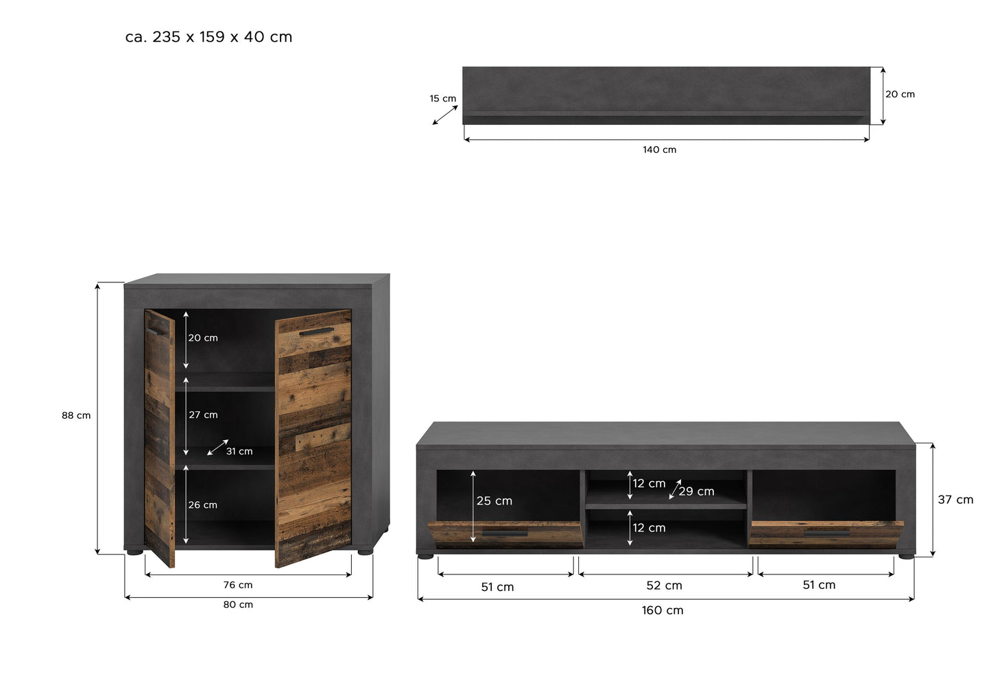 Meuble TV JAM (L/H/P : env. 255/159/40 cm) en imitation chêne Wotan/gris