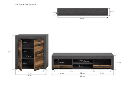 Meuble TV JAM (L/H/P : env. 255/159/40 cm) en imitation chêne Wotan/gris