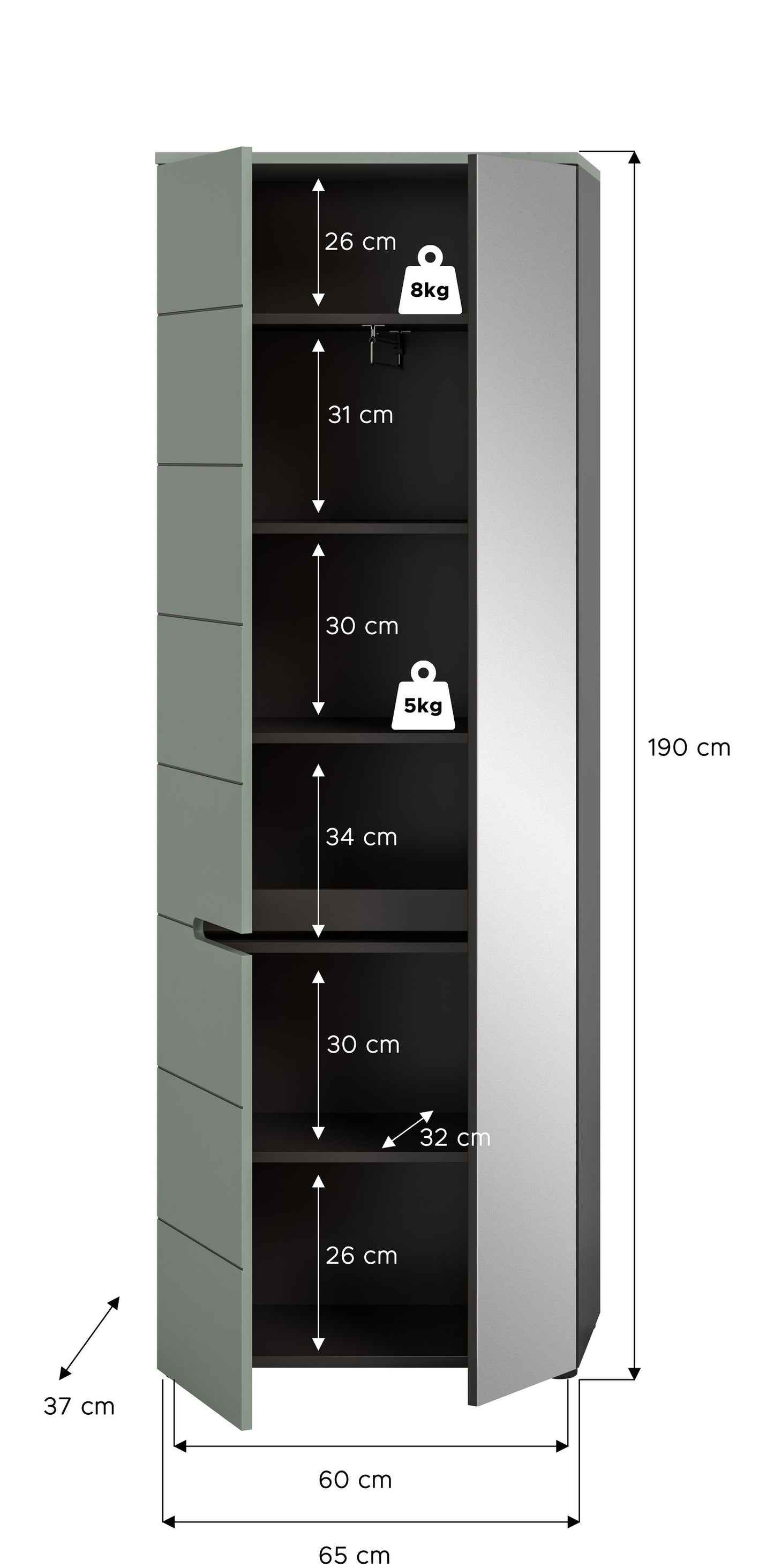 Homes & Jones Schuhschrank mit Maßen, 60 cm Breite, 190 cm Höhe, olivgrün