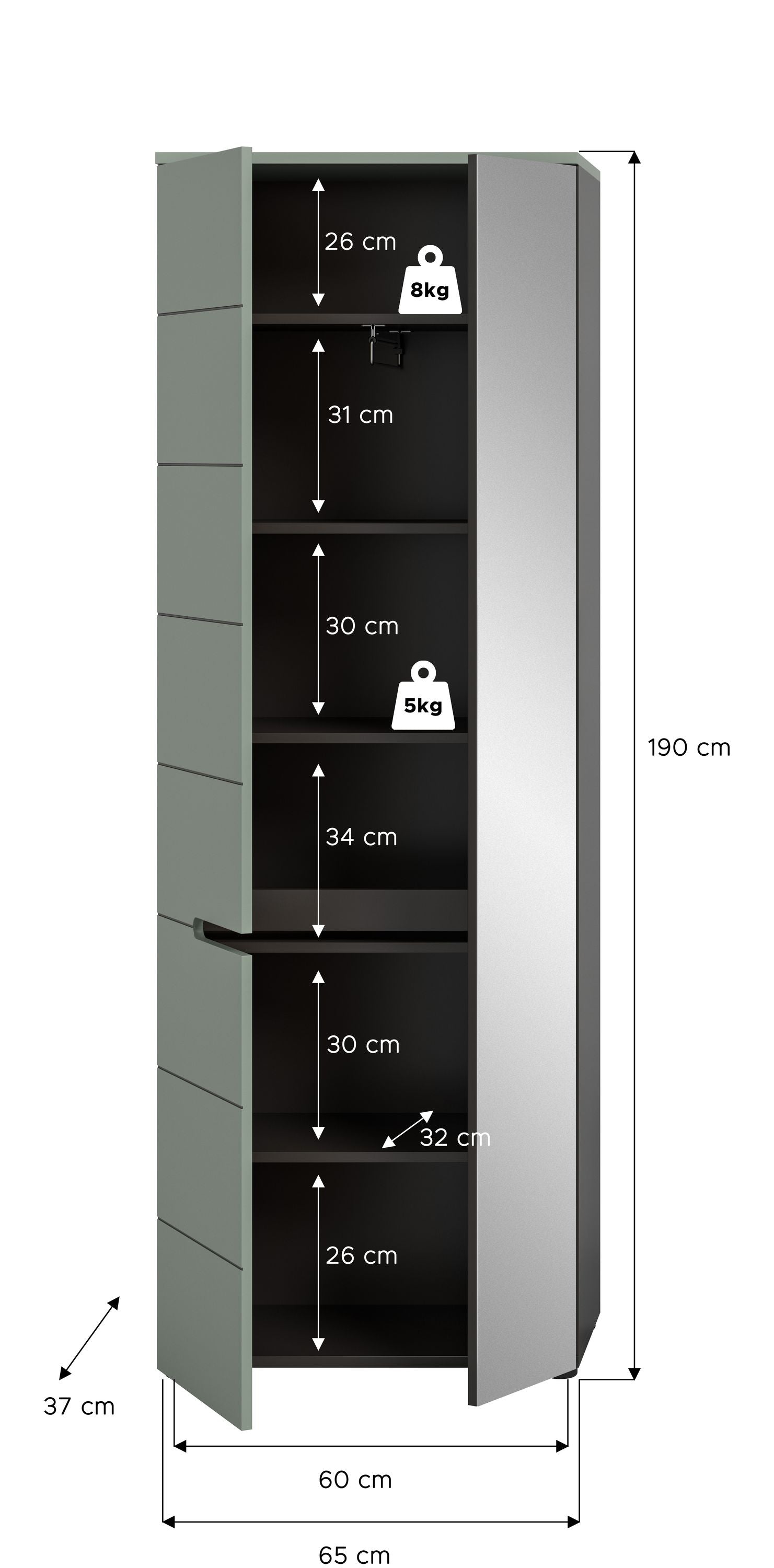 Homes & Jones Schuhschrank mit Maßen, 60 cm Breite, 190 cm Höhe, olivgrün