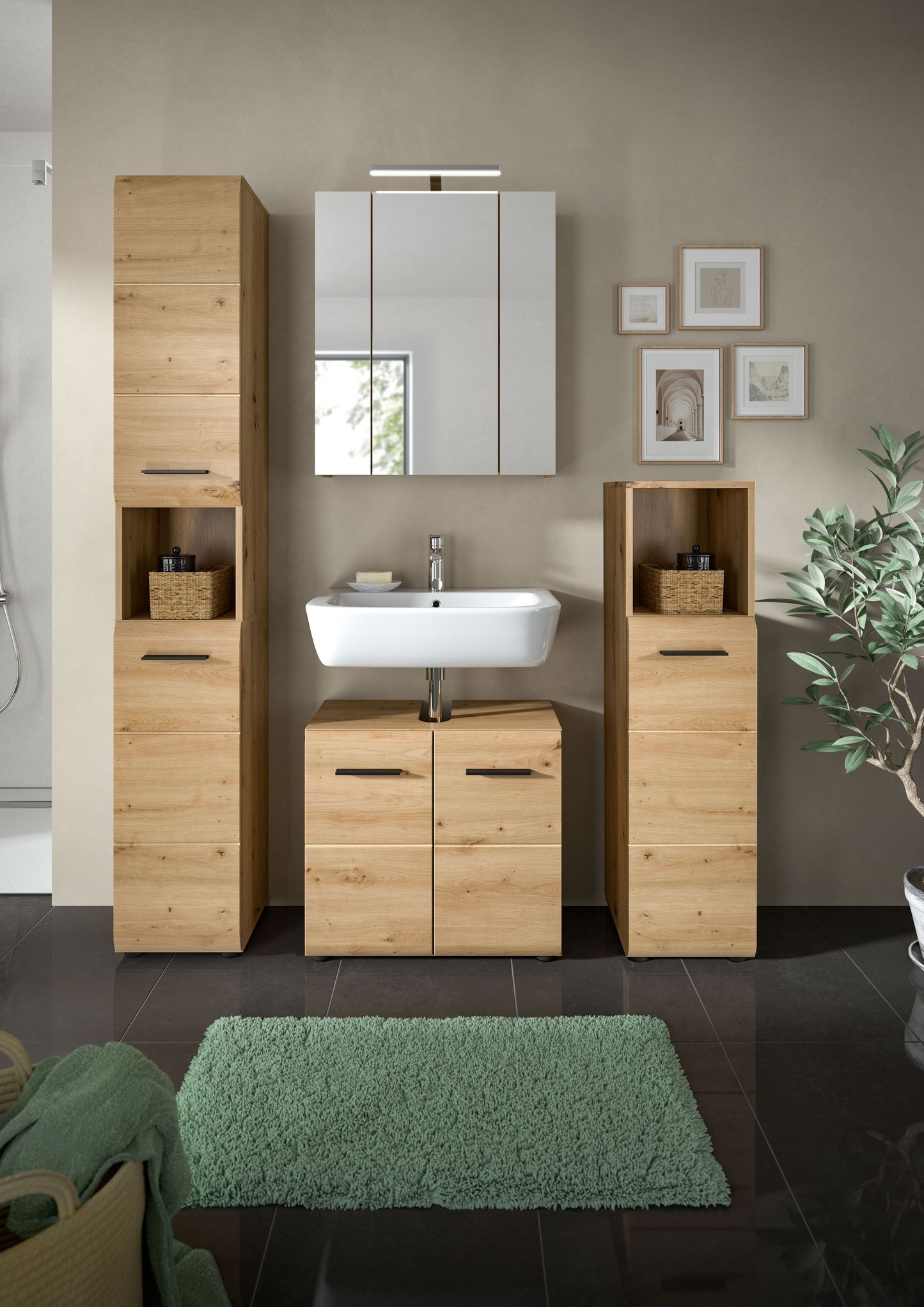 Badmöbel-Set 5-tlg. mit Waschtisch, Spiegelschrank und Hochschränken, Holzoptik/Anthrazit im Bad