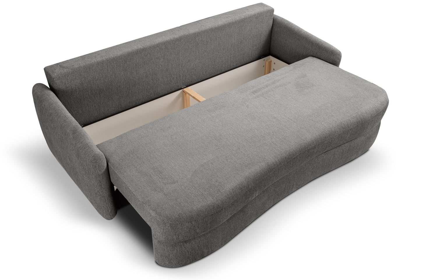 Schlafsofa mit aufgeklappter Liegefläche, grauer Bezug, Holzunterkonstruktion sichtbar