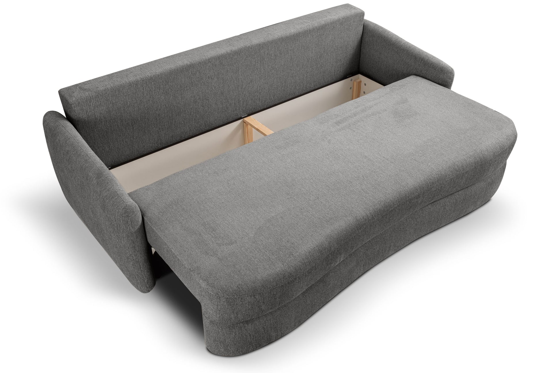 Schlafsofa mit aufgeklappter Liegefläche, grauer Bezug, Holzunterkonstruktion sichtbar
