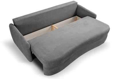 Schlafsofa mit aufgeklappter Liegefläche, grauer Bezug, Holzunterkonstruktion sichtbar