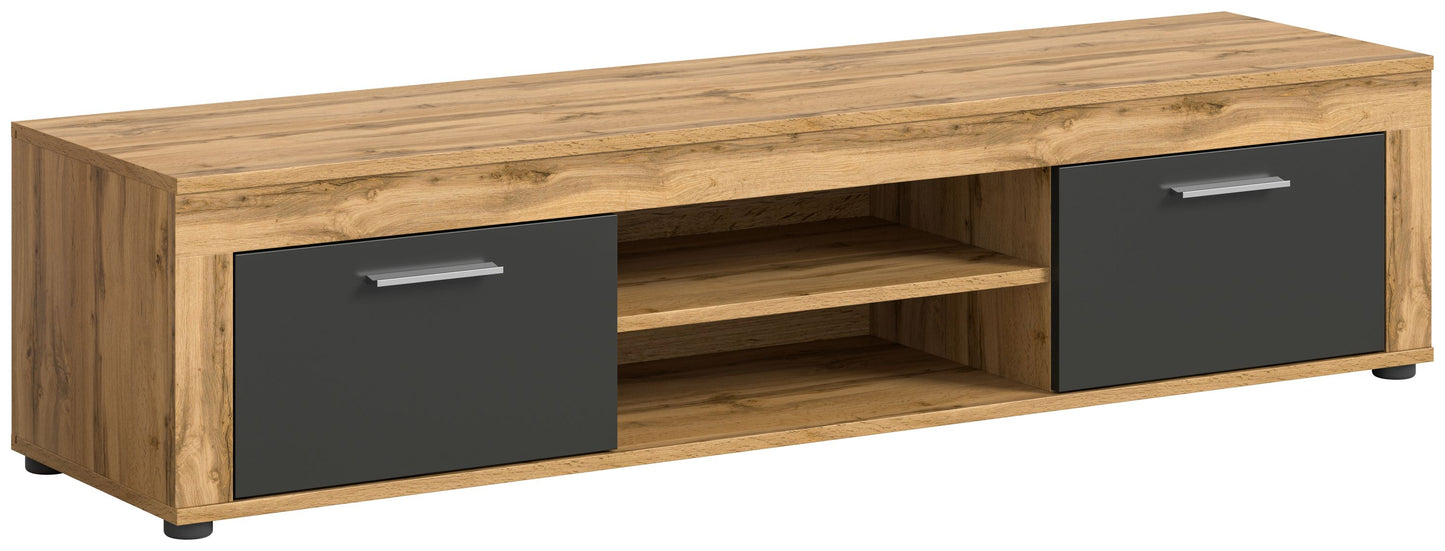 Meuble TV bas JAM (L/H/P : env. 160/37/40 cm) en imitation chêne Wotan/gris