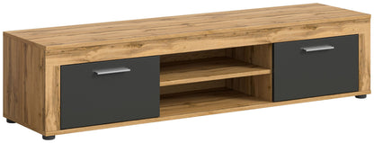 Meuble TV bas JAM (L/H/P : env. 160/37/40 cm) en imitation chêne Wotan/gris