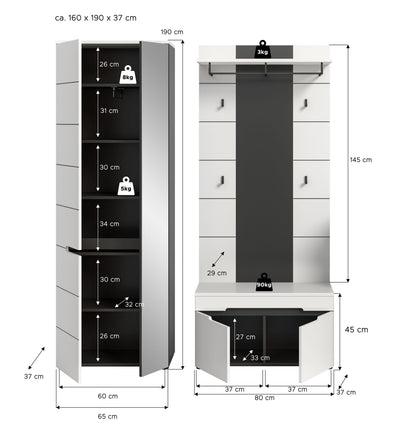 Homes & Jones Garderobenset 3-tlg., 1x Paneel, Sitzbank, Schrank mit Spiegel