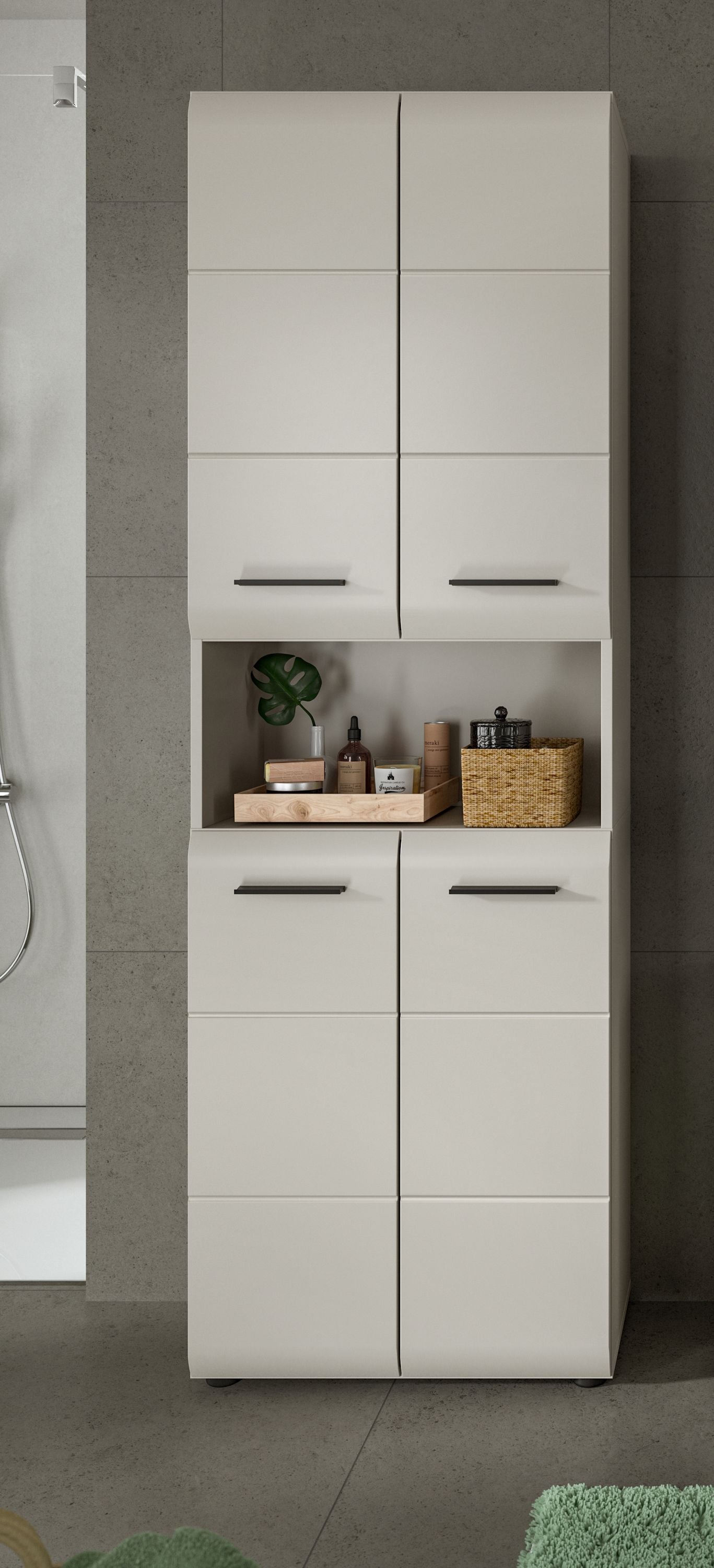 Badezimmerhochschrank in Weiß mit zwei Flügeltüren, Regalfach und Schubladen
