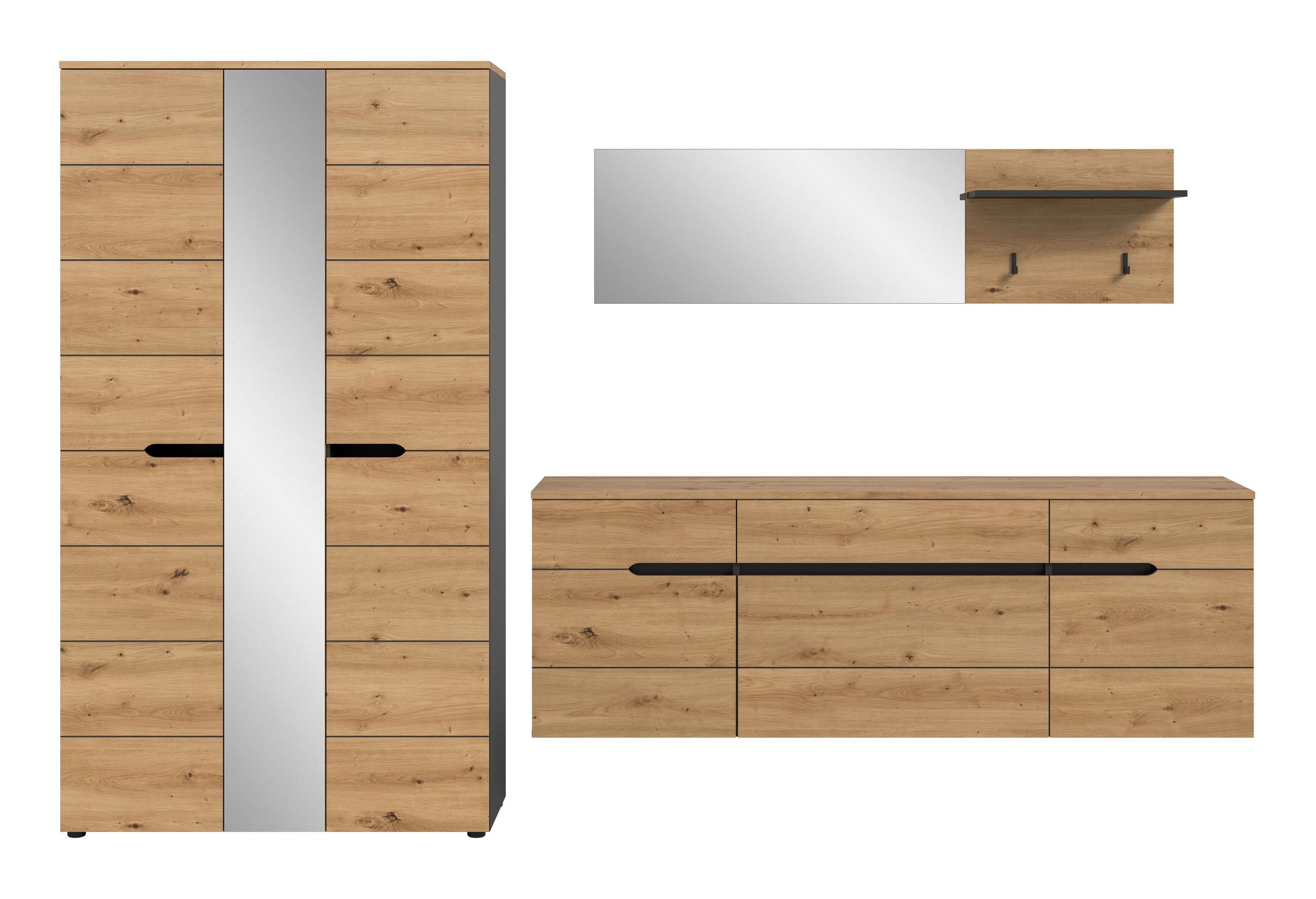 Garderobenset mit Spiegeltür und Holzoptik; hängende Kommode mit Schubladen