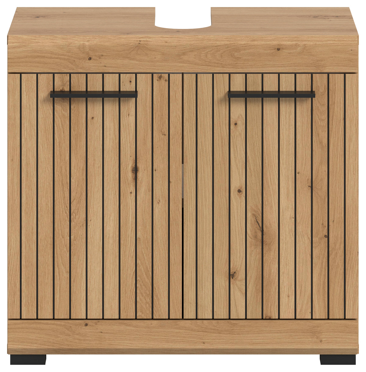 Waschbeckenunterschrank 60 cm mit Lamellentüren und schwarzen Griffschienen in hellem Holzdekor