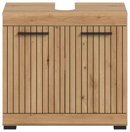 Waschbeckenunterschrank 60 cm mit Lamellentüren und schwarzen Griffschienen in hellem Holzdekor