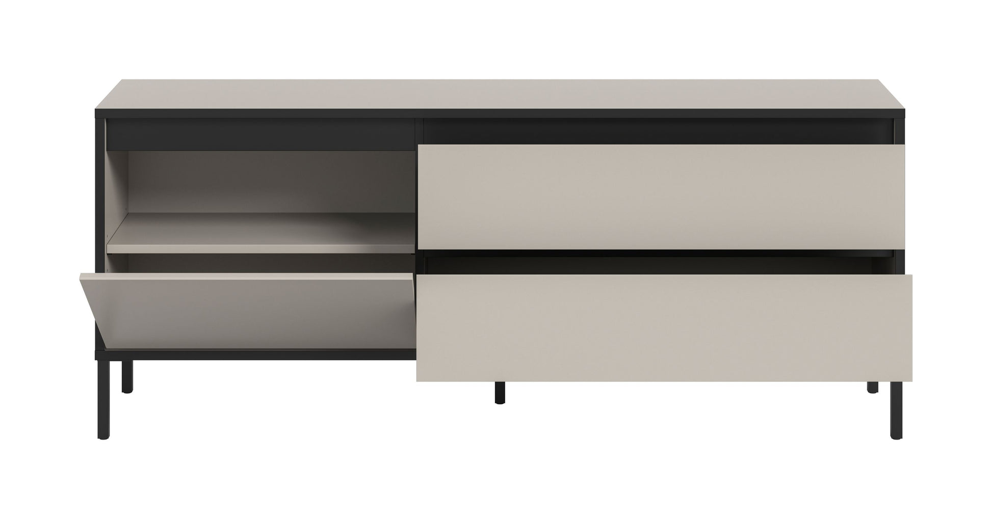 Lowboard von Homes & Jones mit geöffneten Fächern, grau-beige, schwarze Einfassung, schmale Füße