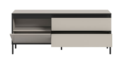 Lowboard von Homes & Jones mit geöffneten Fächern, grau-beige, schwarze Einfassung, schmale Füße