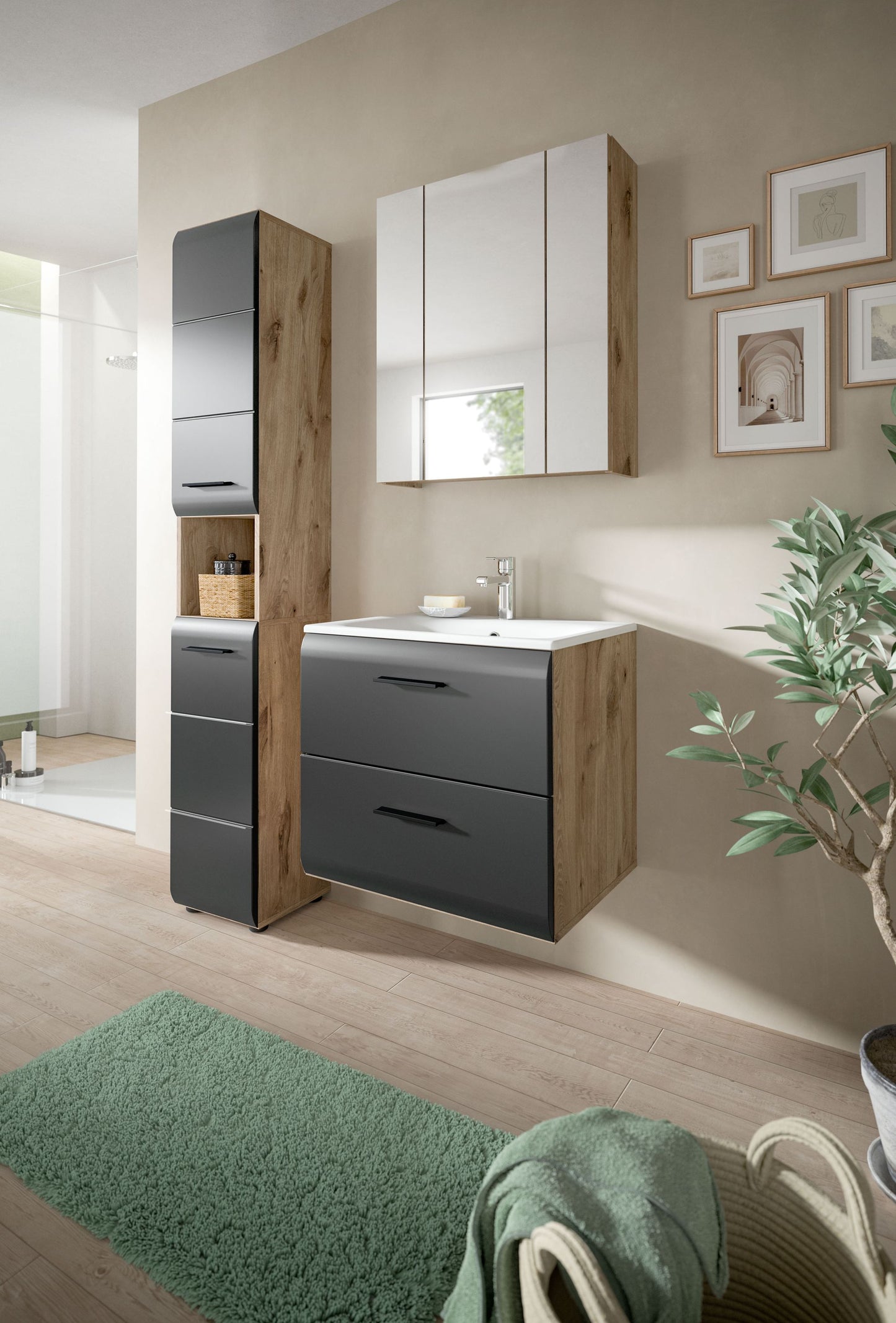 Badezimmermöbel-Set mit Waschtischunterschrank, 2 Schubladen, Seitenschrank und Spiegel