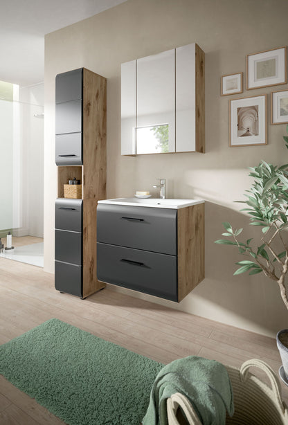 Badezimmermöbel-Set mit Waschtischunterschrank, 2 Schubladen, Seitenschrank und Spiegel