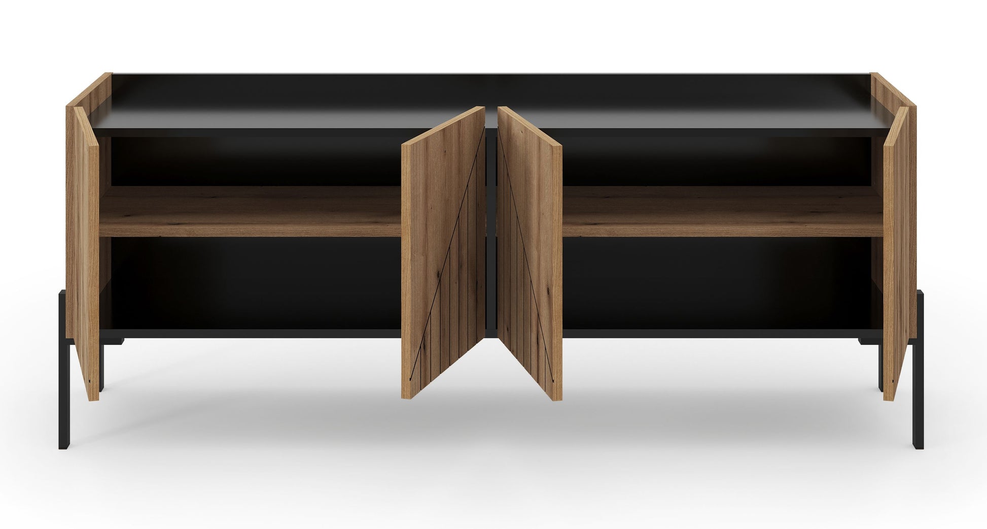 Lowboard mit offenen Innenfächern und zwei Klappen, schwarze Füße, helle Holzfront
