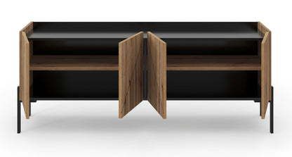 Lowboard mit offenen Innenfächern und zwei Klappen, schwarze Füße, helle Holzfront