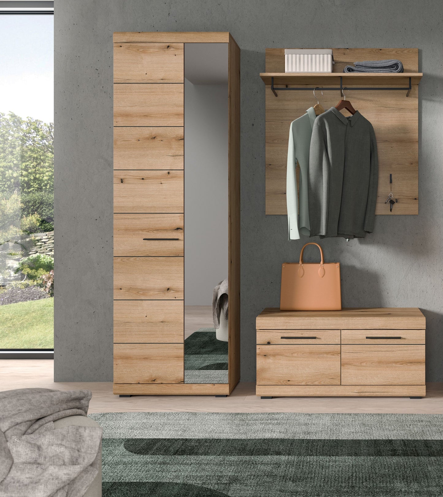 Garderobenset mit Spiegel, Wandgarderobe und Schuhbank; Holzdekor, Garderobenhaken