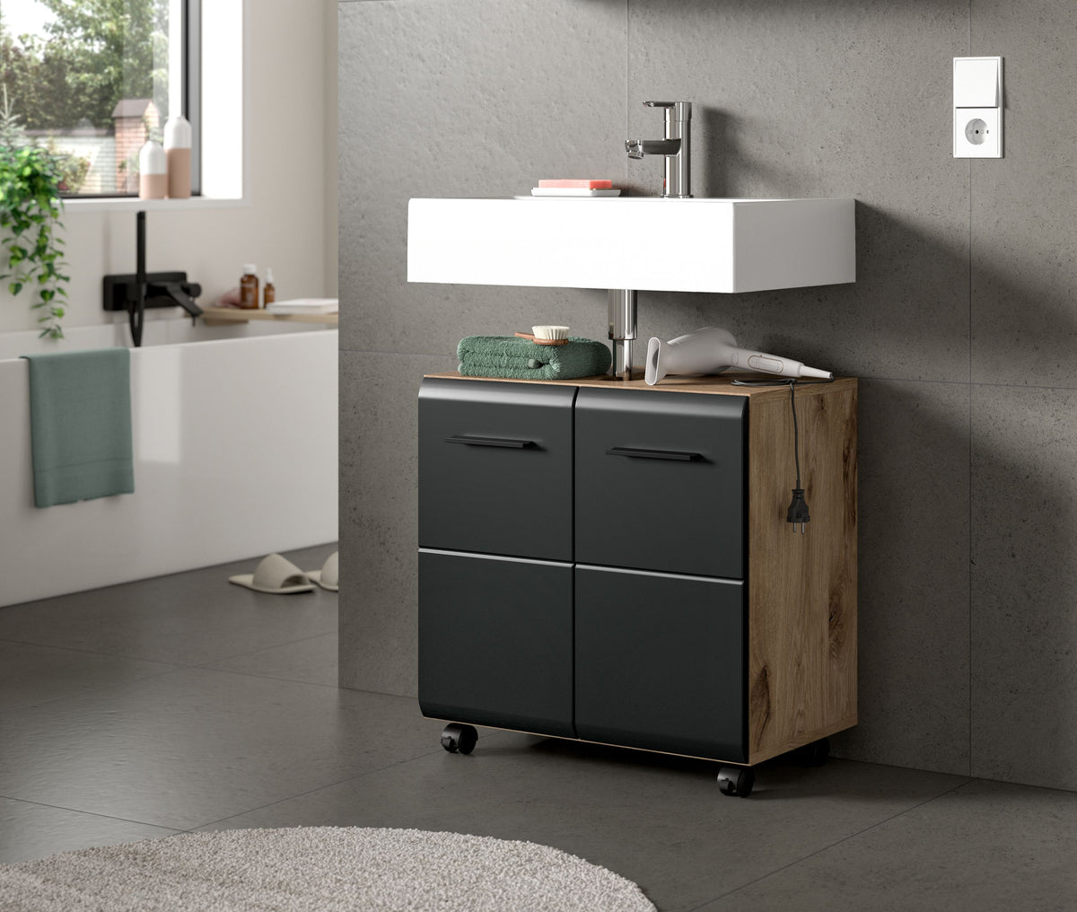 Rolling Washbasin Cabinet ICE (W/H/D: approx. 60/58/30 cm) in Nox Oak finish/matt black