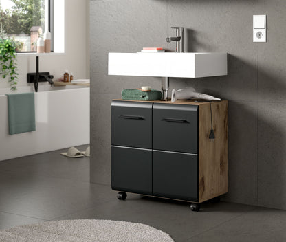 Rolling Washbasin Cabinet ICE (W/H/D: approx. 60/58/30 cm) in Nox Oak finish/matt black