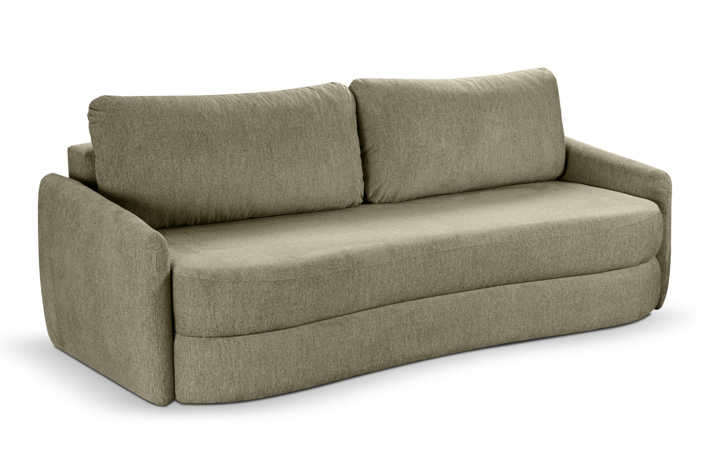Schlafsofa mit hohen Rückenkissen, olivgrünem Bezug und gepolsterten Armlehnen