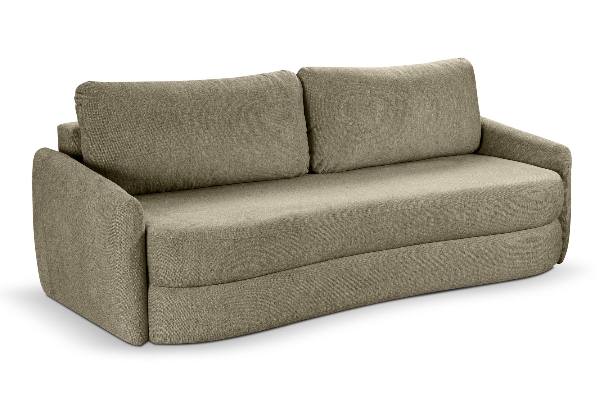 Schlafsofa mit hohen Rückenkissen, olivgrünem Bezug und gepolsterten Armlehnen