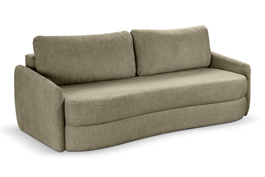 Schlafsofa mit hohen Rückenkissen, olivgrünem Bezug und gepolsterten Armlehnen