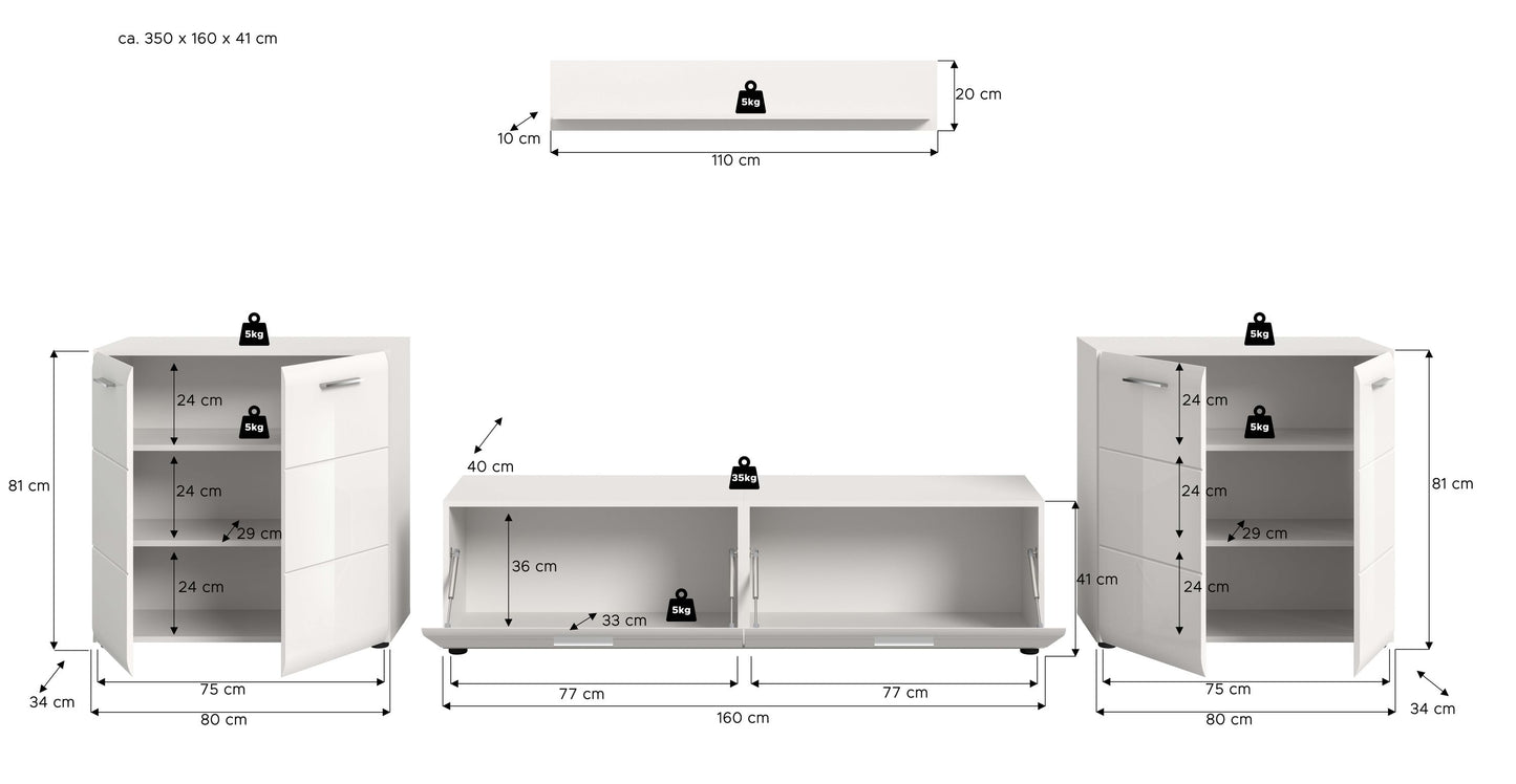 Meuble TV ICE (L/H/P: env. 350/160/41 cm) en blanc/blanc brillant