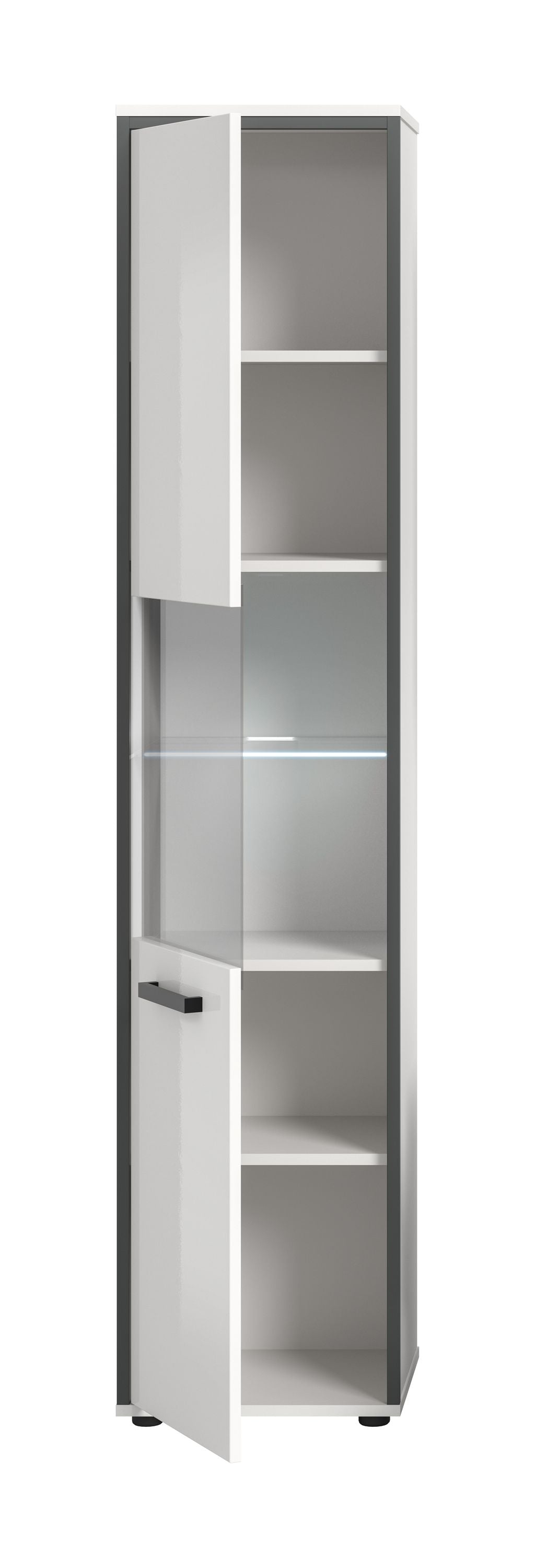 Badhochschrank weiß Hochglanz mit geöffnetem Türfach und Einlegeböden, Schublade