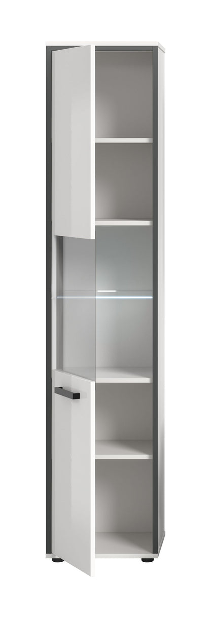 Badhochschrank weiß Hochglanz mit geöffnetem Türfach und Einlegeböden, Schublade