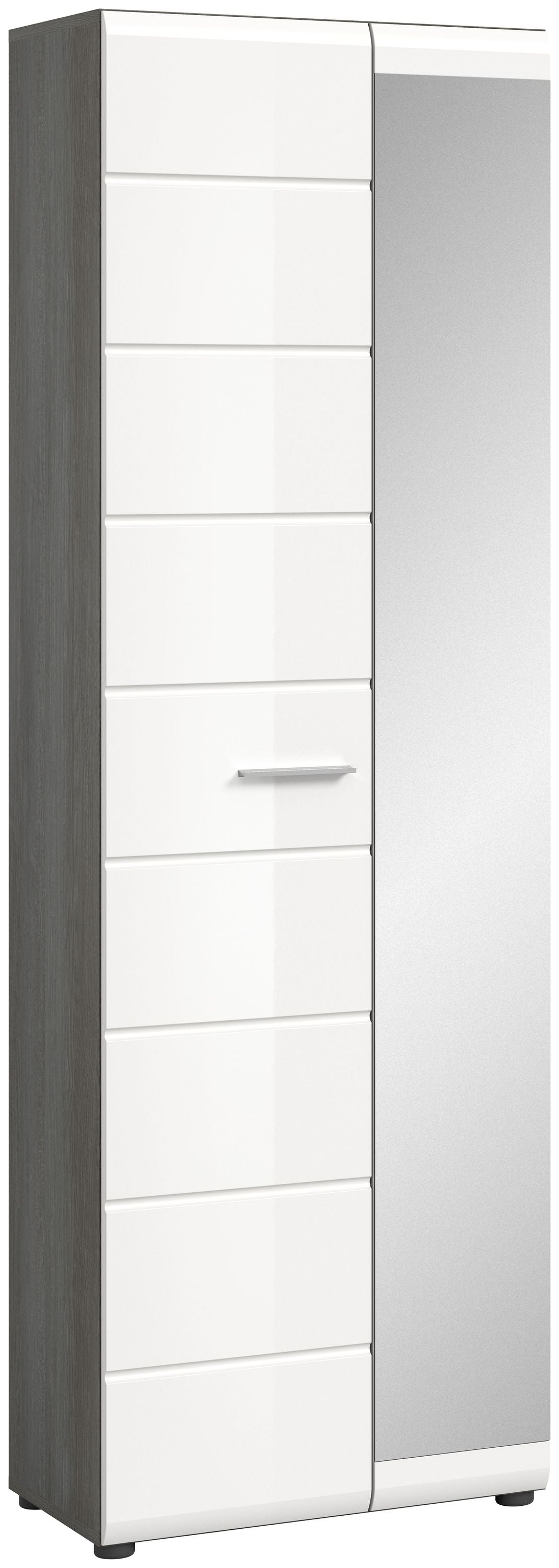 Garderobenschrank mit Spiegel, weißer Hochglanz, hohe Front mit Schublade und Türen
