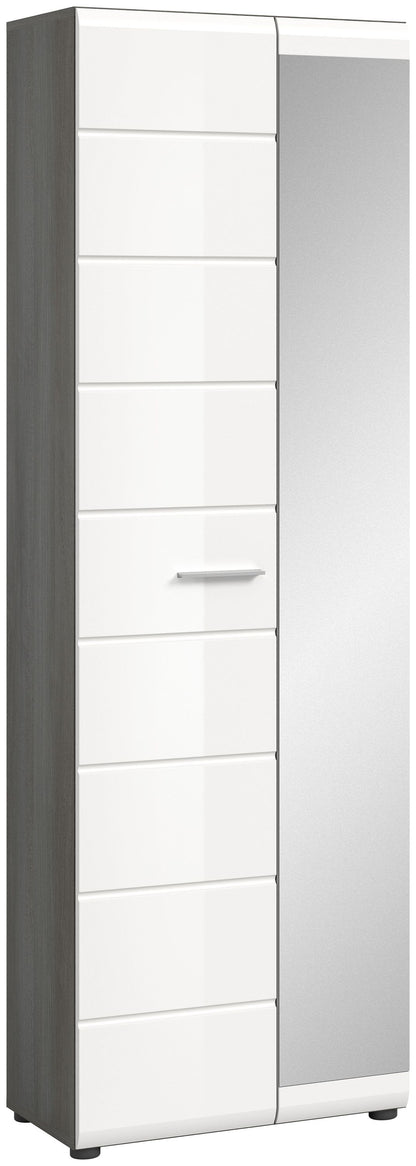 Garderobenschrank mit Spiegel, weißer Hochglanz, hohe Front mit Schublade und Türen