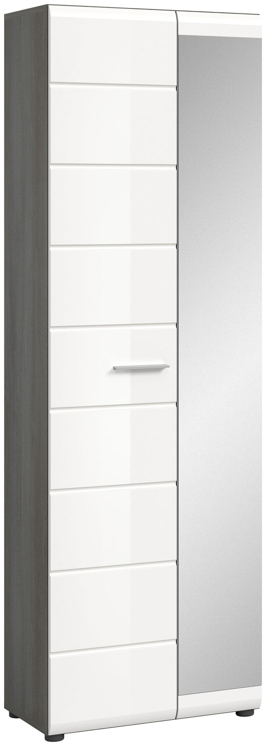 Garderobenschrank mit Spiegel, weißer Hochglanz, hohe Front mit Schublade und Türen