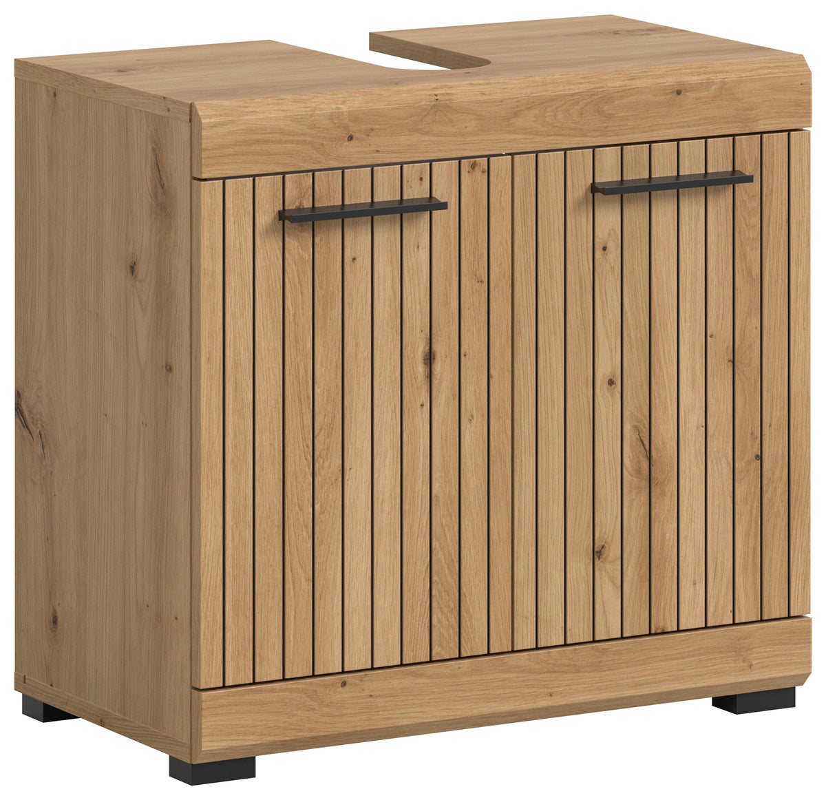 Waschbeckenunterschrank 60 cm in hellem Holzdekor mit zwei Türen und offenen Fächern