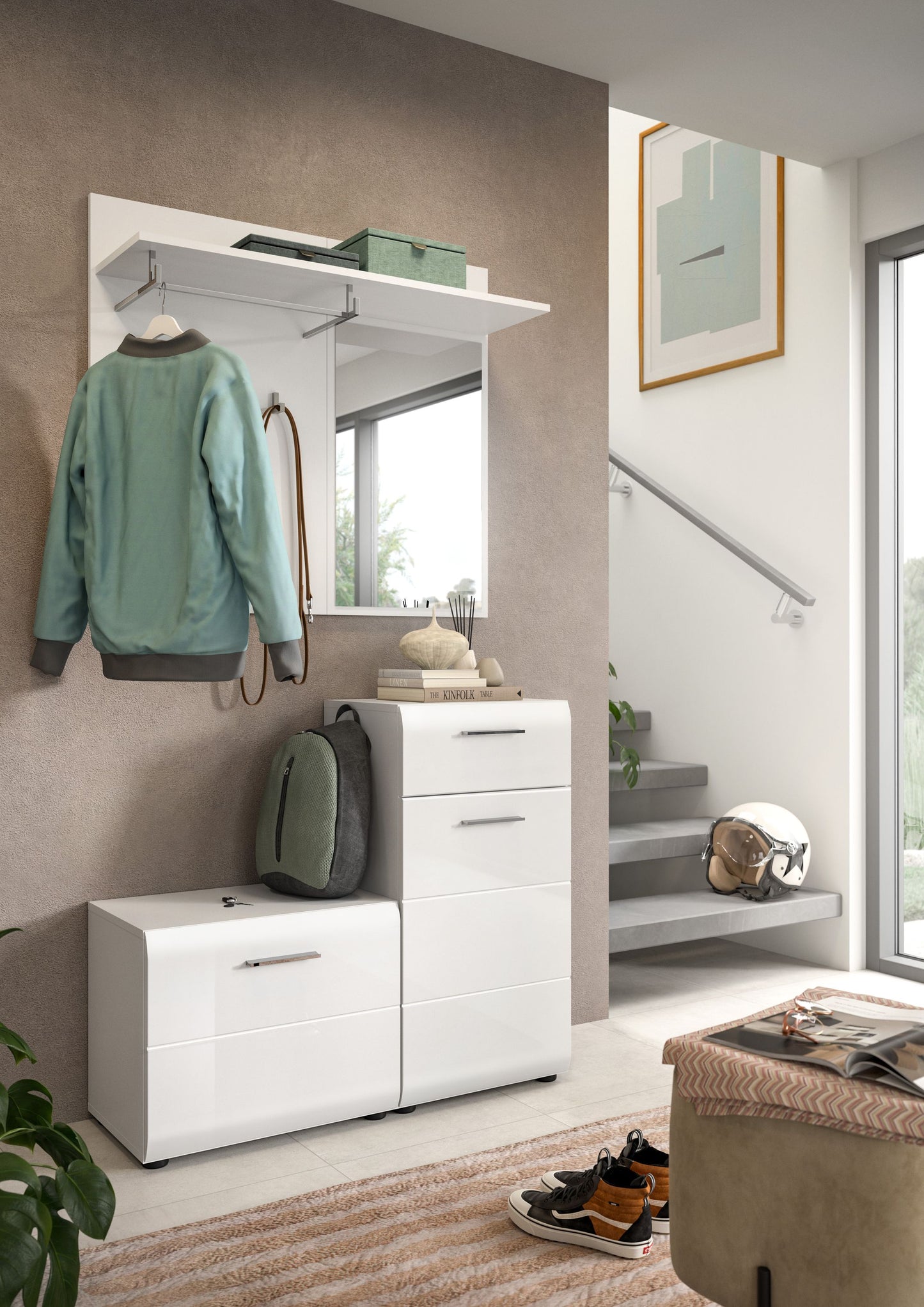 Homes & Jones Garderobe mit Spiegel, Garderobenset 4-tlg., weiß Hochglanz Front