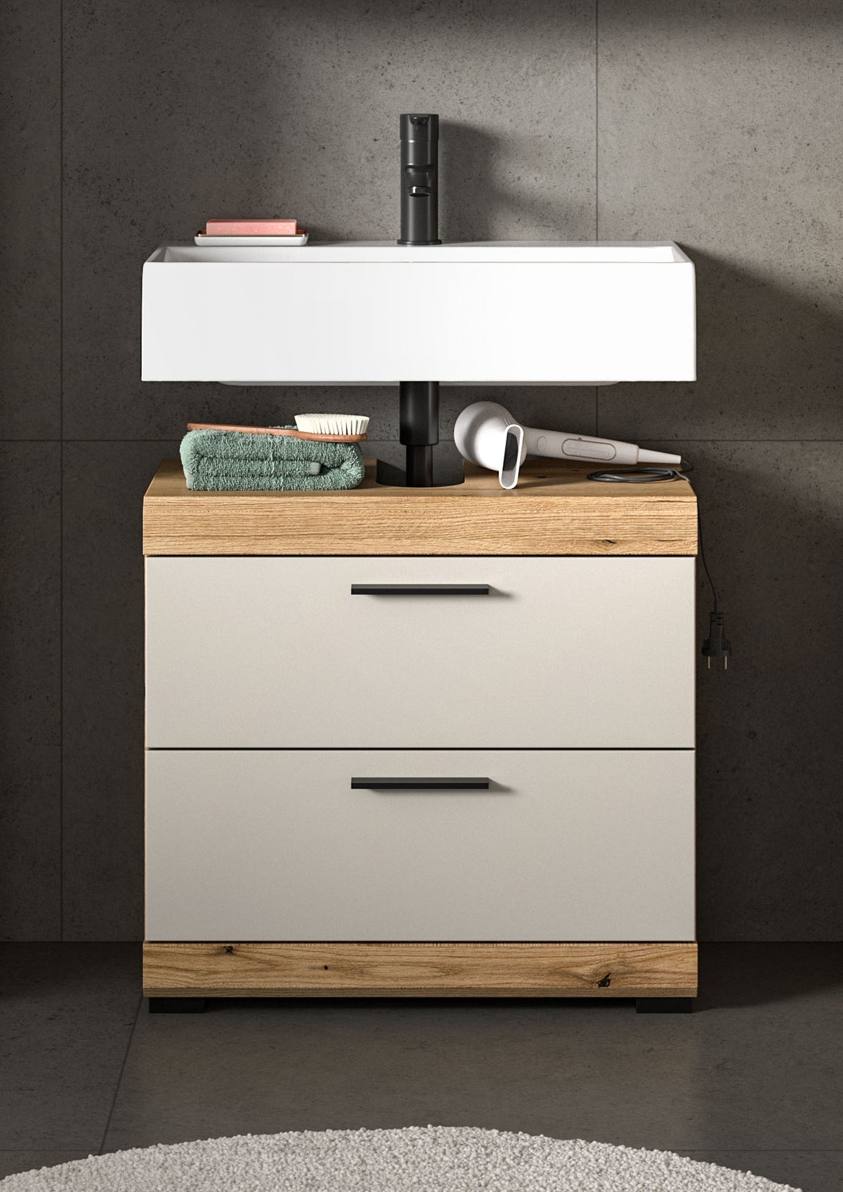 Waschbeckenunterschrank mit Waschbecken und zwei Schubladen, weißer Korpus und Holzsockel