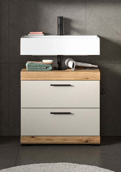 Waschbeckenunterschrank mit Waschbecken und zwei Schubladen, weißer Korpus und Holzsockel