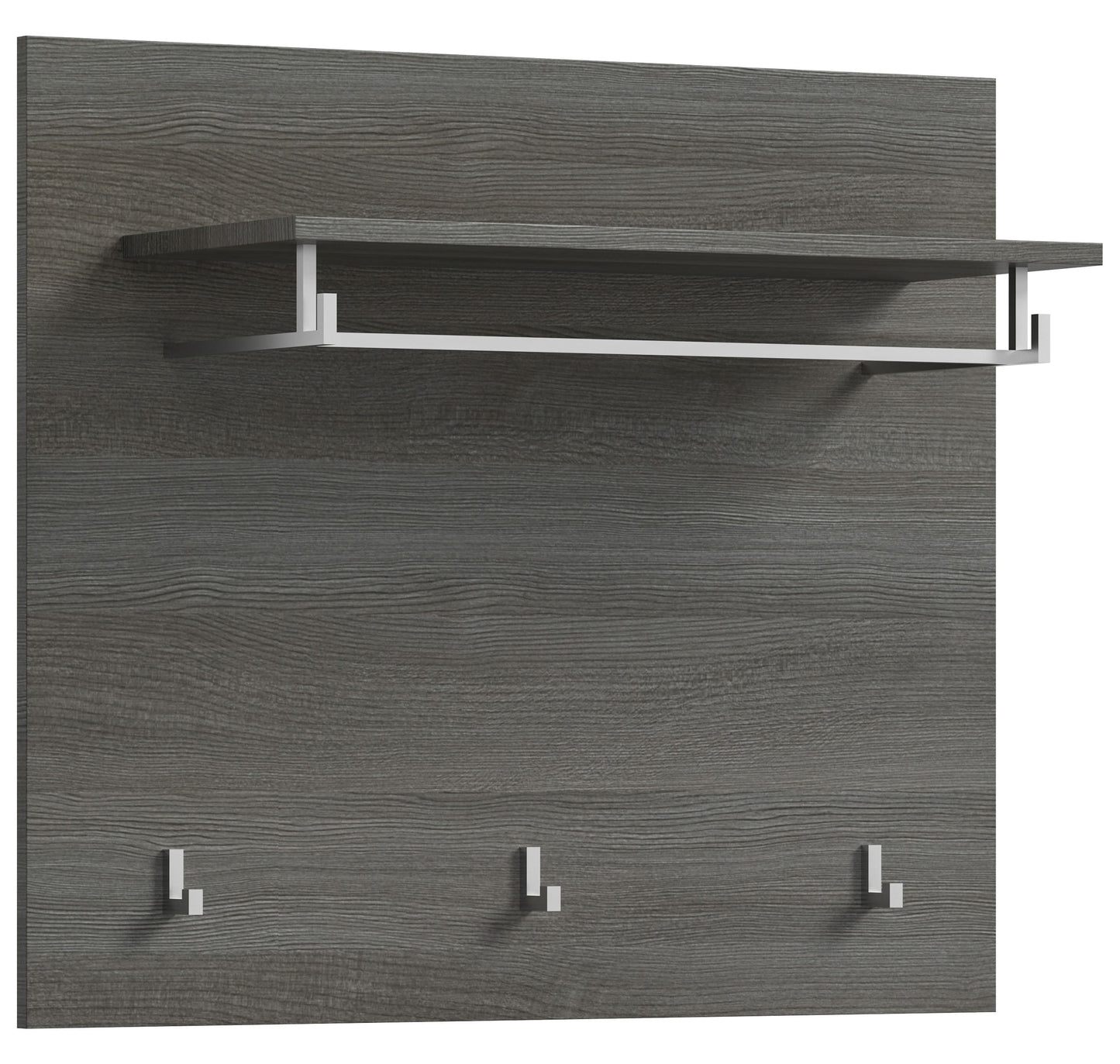 Garderobenpaneel mit Hutablage und 3 silbernen Metallhaken, dunkelgraue Holzoptik