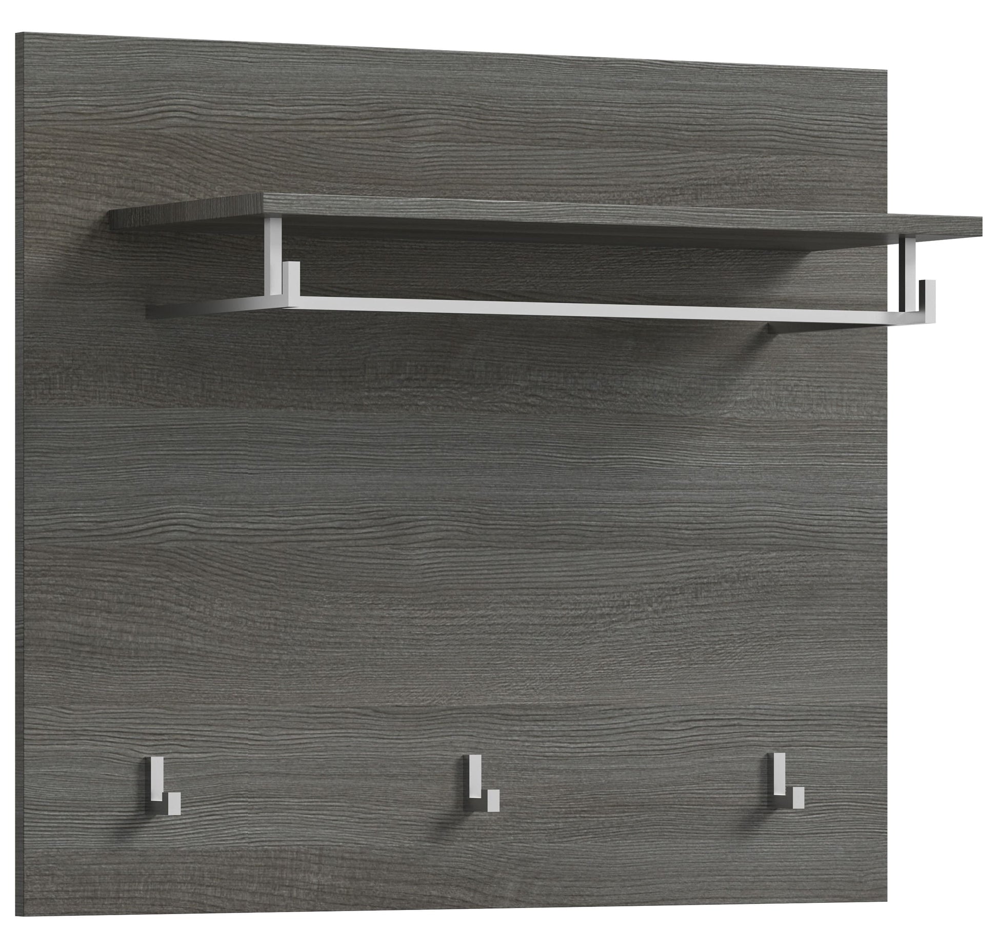 Garderobenpaneel mit Hutablage und 3 silbernen Metallhaken, dunkelgraue Holzoptik