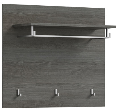 Garderobenpaneel mit Hutablage und 3 silbernen Metallhaken, dunkelgraue Holzoptik
