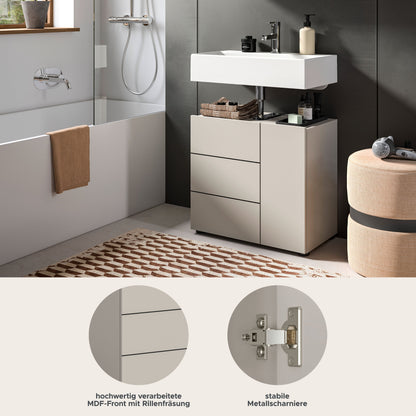 Waschbeckenunterschrank mit Waschbecken, zwei Schubladen und seitlicher Tür, modernes Bad-Setup