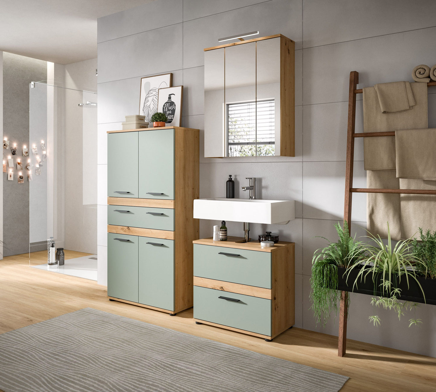 Blake Hochschrank (B/H/T: 70x137x31 cm) in Salbei und Artisan Eiche Nachbildung