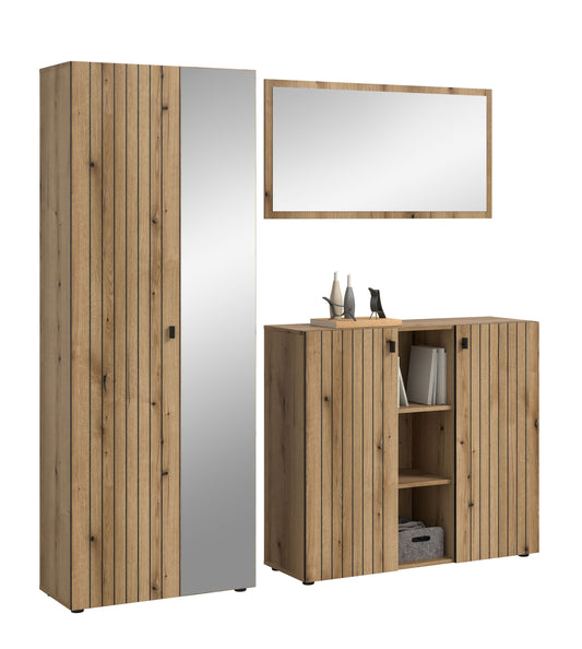 Garderoben-Set aus Holz: hoher Schrank, Spiegel und Sideboard mit offenen Fächern