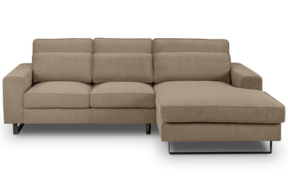 Ecksofa aus Cordstoff in Beige, L-Form mit Recamiere, rechteckige Kissen und schwarze Füße