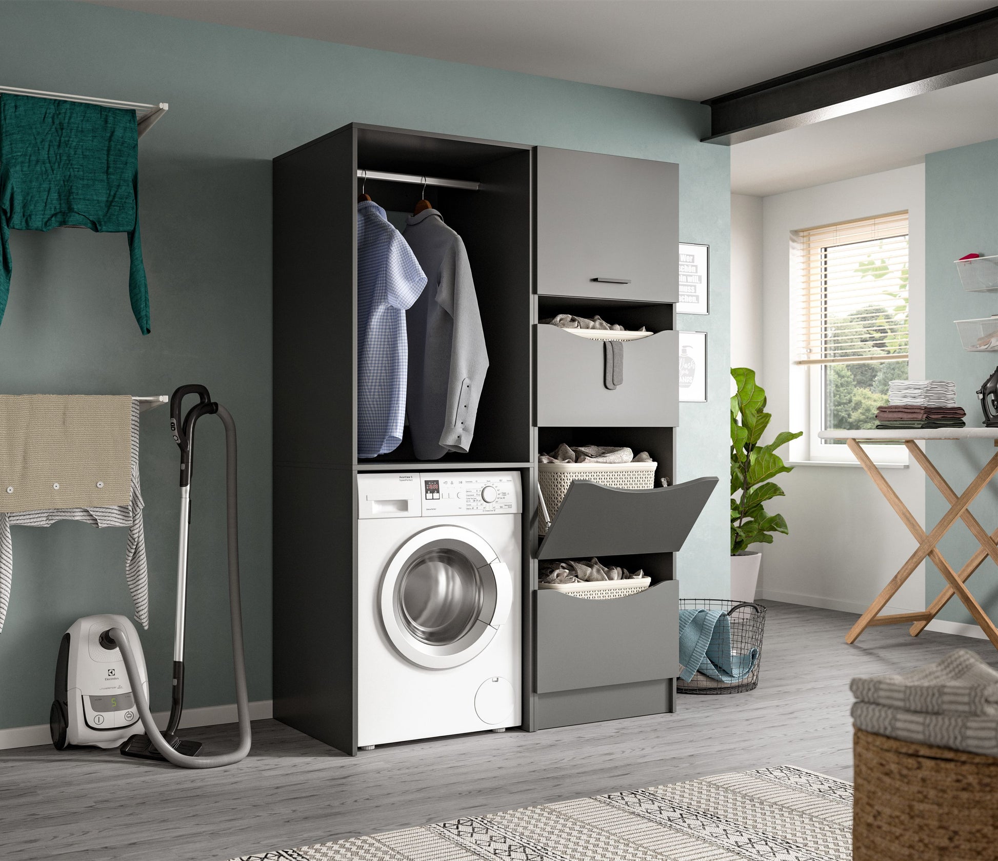 Waschmaschinenschrank-Set mit Waschmaschine, offener Garderobenablage und weißen Schubladen im Raum