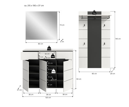Ensemble de vestiaire CANU (L/H/P : env. 215/190/37 cm) en gris basalte/vert fumée