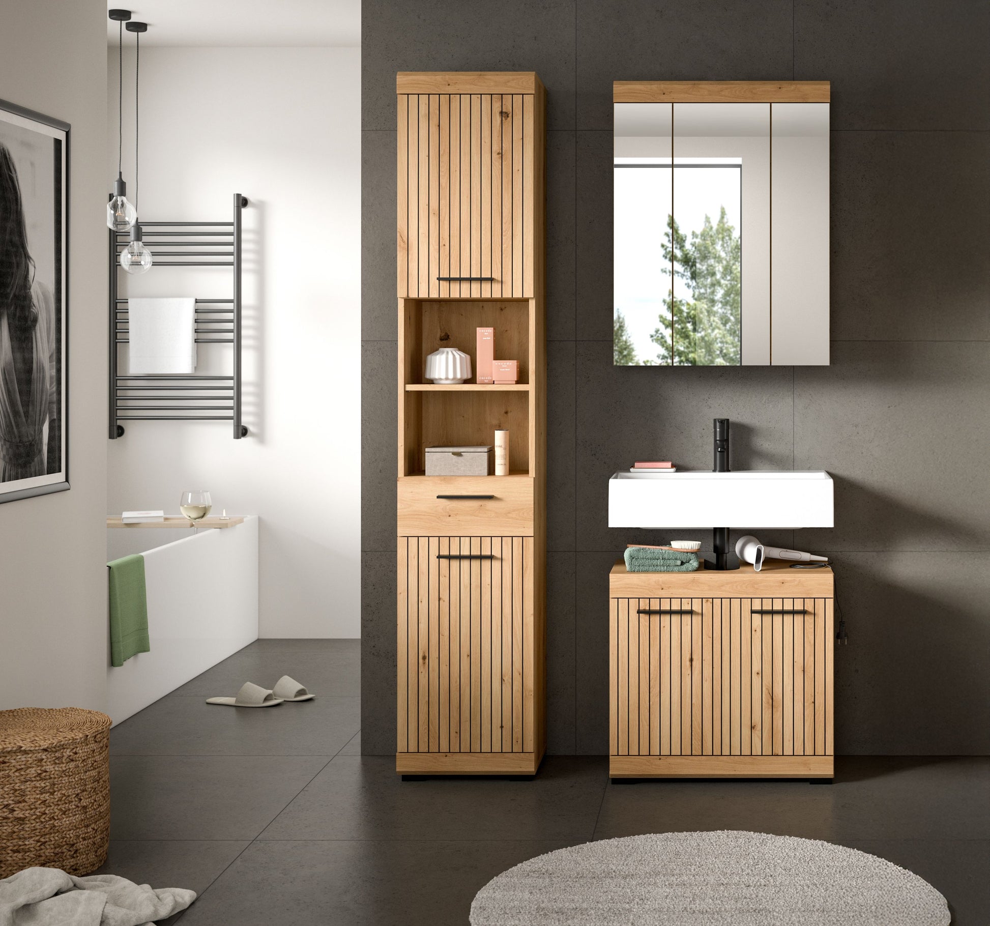Badezimmerset 3-tlg. mit Spiegelschrank und Waschtischunterschrank in Holzoptik im Bad